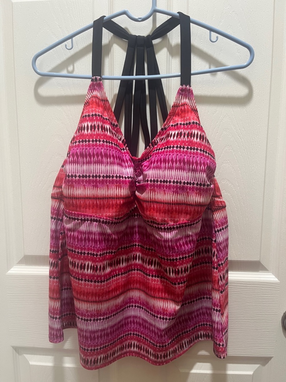 Ava & Viv tankini swim top features a vibrant pink ikat pattern